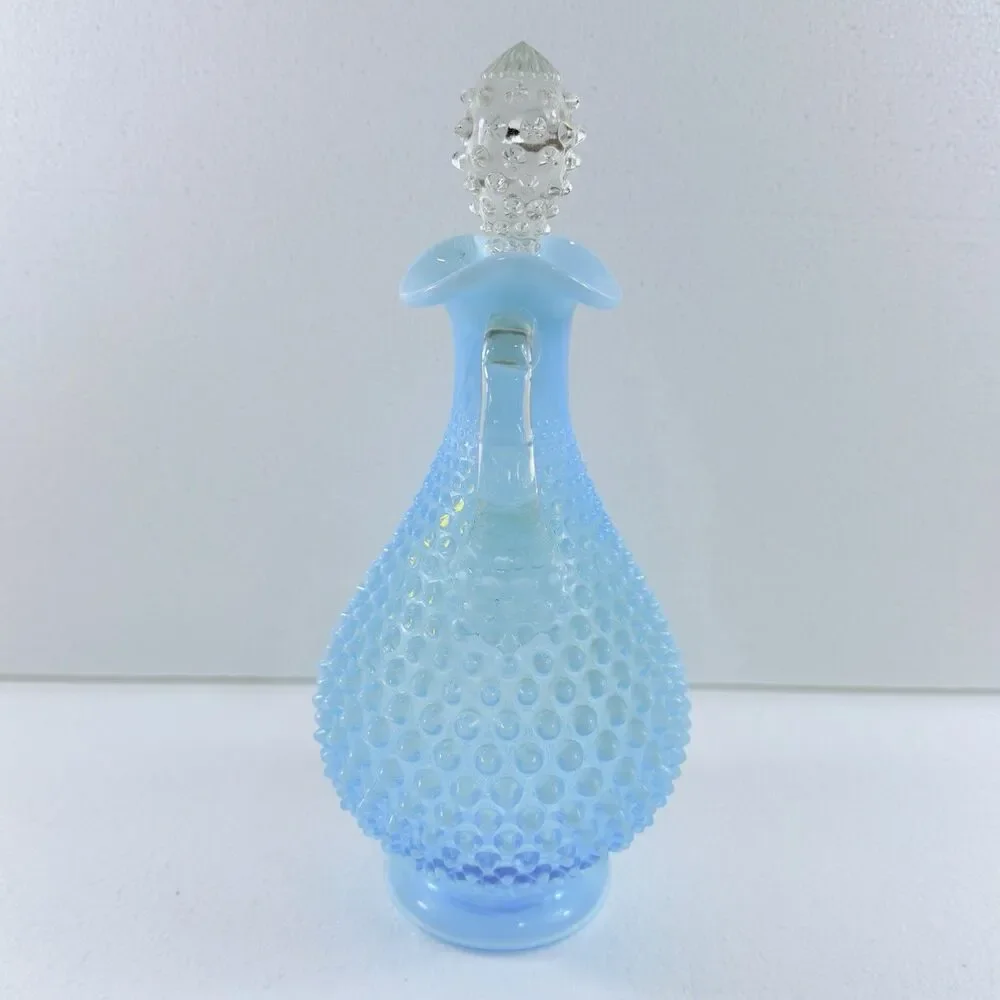 Vintage Fenton Glass Blue Opalescent Hobnail Wine Decanter Pitcher W/ Stopper